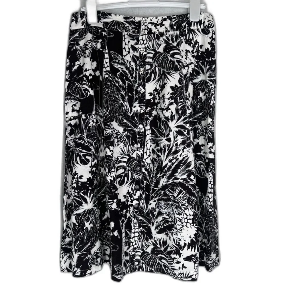 Grace Elements Linen Blend Black White Tropical Floral Midi Skirt Size 12